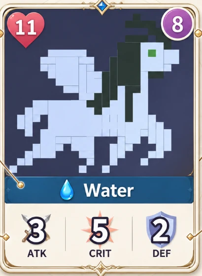 uPEG card: 11 HP, priority 8, Water, ATK 3, CRIT 5, DEF 2